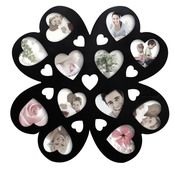 Adeco Decorative Black Wood Wall Hanging Multi-heart, Flower-Shaped Collage Puzzle Frame with Twelve 4x4-inch Openings