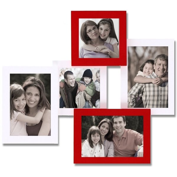 Adeco Decorative White/Red Wood Wall Hanging Collage Picture Photo Frame with 5 Openings