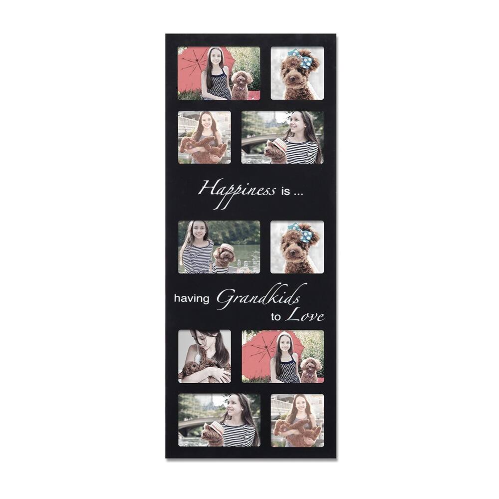 Adeco Decorative Black Wood 'Happiness Is' Wall Hanging Collage Picture Photo Frame with 10 Openings