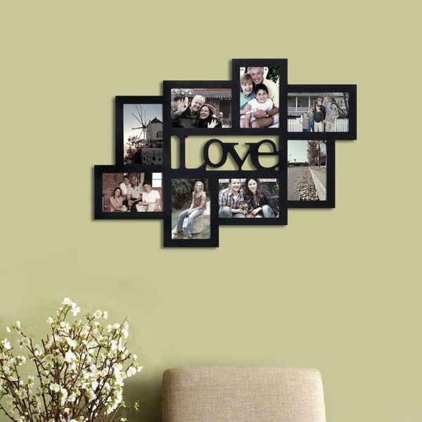 Adeco 8-Opening Black Wood 'Love' 4 x 6-inch Wall Hanging Photo Frame