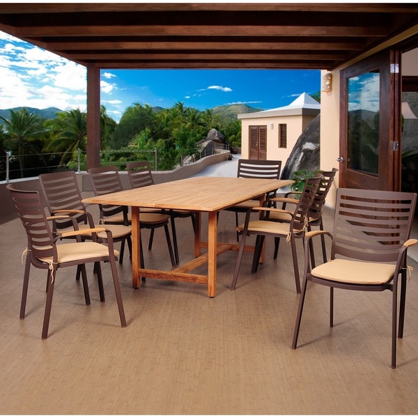 ia Teak Clemson 7 piece Cast Aluminum and Teak Rectangular Patio