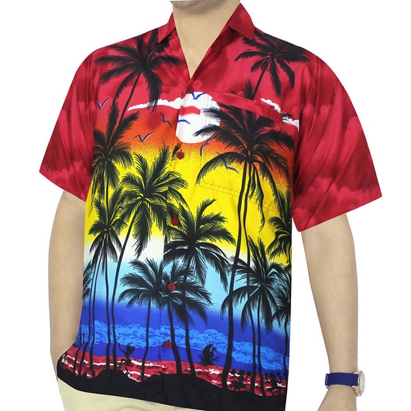 Shop La Leela Men's Bright Red Palm Tree Printed Button-down Shirt ...