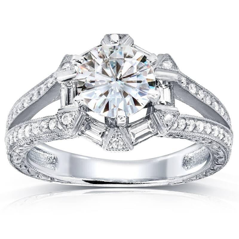 Annello by Kobelli 14k White Gold 1 1/2ct TGW Round-cut Moissanite and Diamond Art Deco Split Shank Engagement Ring - 4