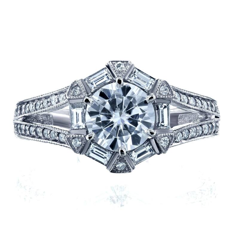 Annello by Kobelli 14k White Gold 1 1/2ct TGW Round-cut Moissanite and Diamond Art Deco Split Shank Engagement Ring