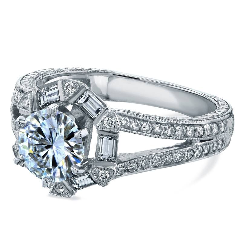 Annello by Kobelli 14k White Gold 1 1/2ct TGW Round-cut Moissanite and Diamond Art Deco Split Shank Engagement Ring