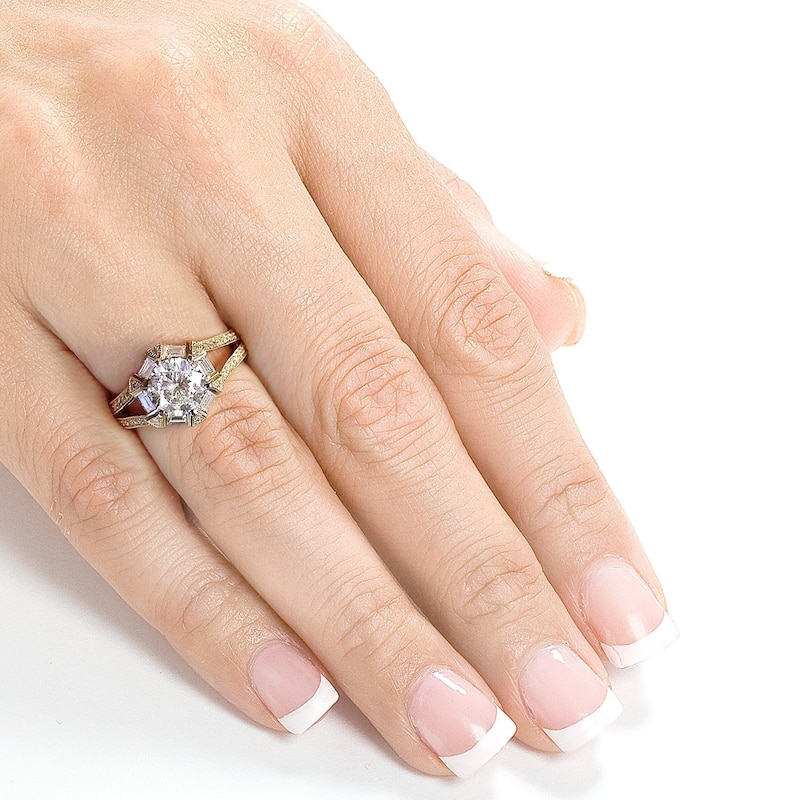 Annello by Kobelli 14k Yellow Gold 1 1/2ct TGW Round-cut Moissanite and Diamond Art Deco Split Shank Engagement Ring