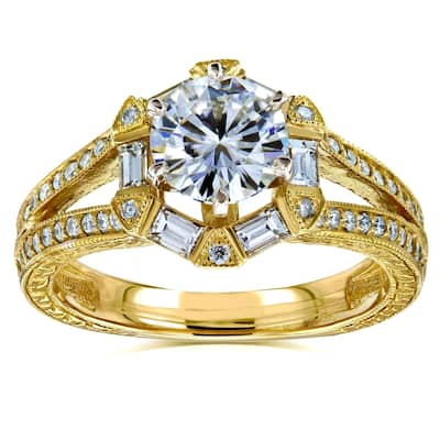 Annello by Kobelli 14k Yellow Gold 1 1/2ct TGW Round-cut Moissanite and Diamond Art Deco Split Shank Engagement Ring