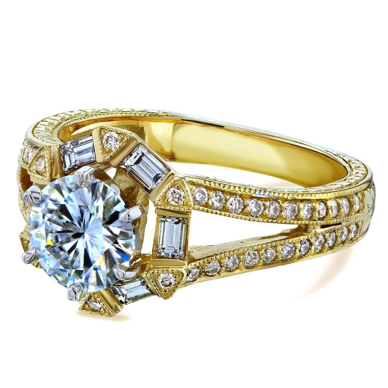 Annello by Kobelli 14k Yellow Gold 1 1/2ct TGW Round-cut Moissanite and Diamond Art Deco Split Shank Engagement Ring