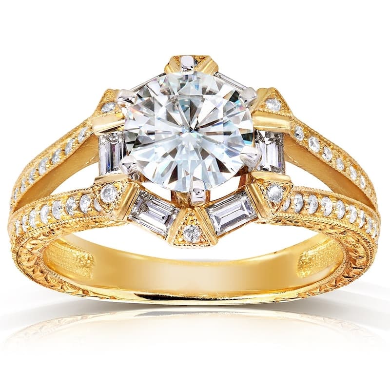 Annello by Kobelli 14k Yellow Gold 1 1/2ct TGW Round-cut Moissanite and Diamond Art Deco Split Shank Engagement Ring - 4