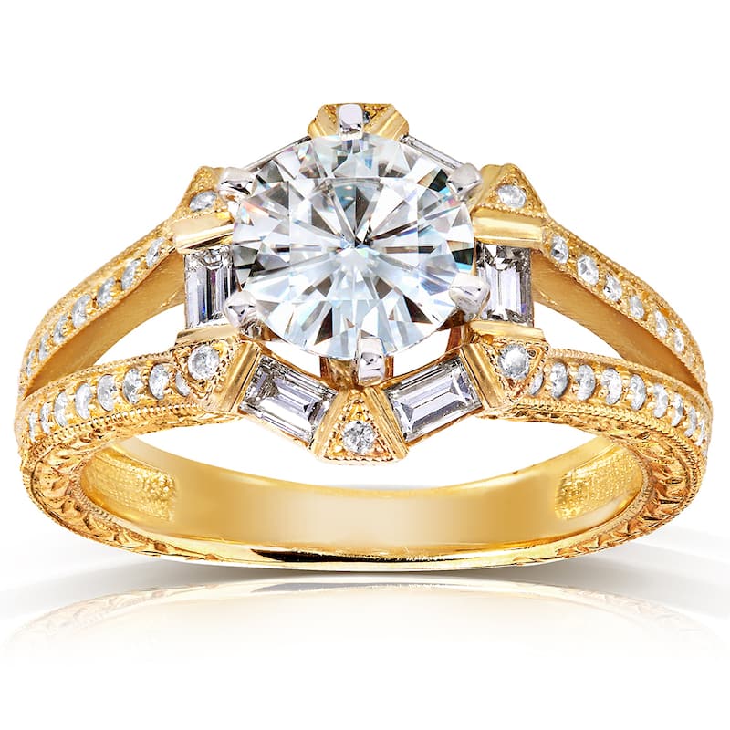 Annello by Kobelli 14k Yellow Gold 1 1/2ct TGW Round-cut Moissanite and Diamond Art Deco Split Shank Engagement Ring