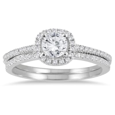 Marquee Jewels 14k White Gold 7/8ct TDW Halo Diamond Bridal Set