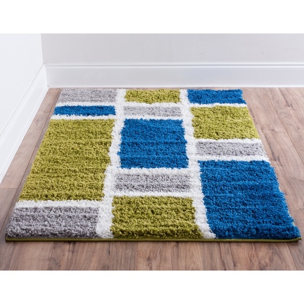 Well Woven Soft Plush Shag Geometric Squares Green Blue Area Rug - 6'7" x 9'10"