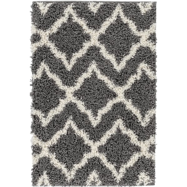Well Woven Shag Modern Geometric Charcoal Grey Ivory Thick Area Rug - 6'7" x 9'10"