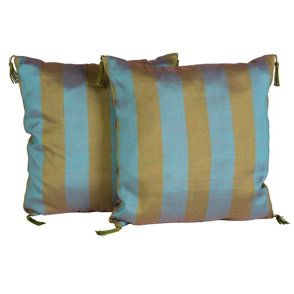 Handmade Olive and Blue Striped Pillow, Set of 2 (Morocco)