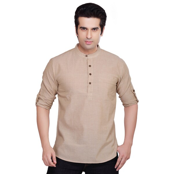 Shop Handmade Shatranj Men's Solid Color Kurta Tunic Banded Collar ...