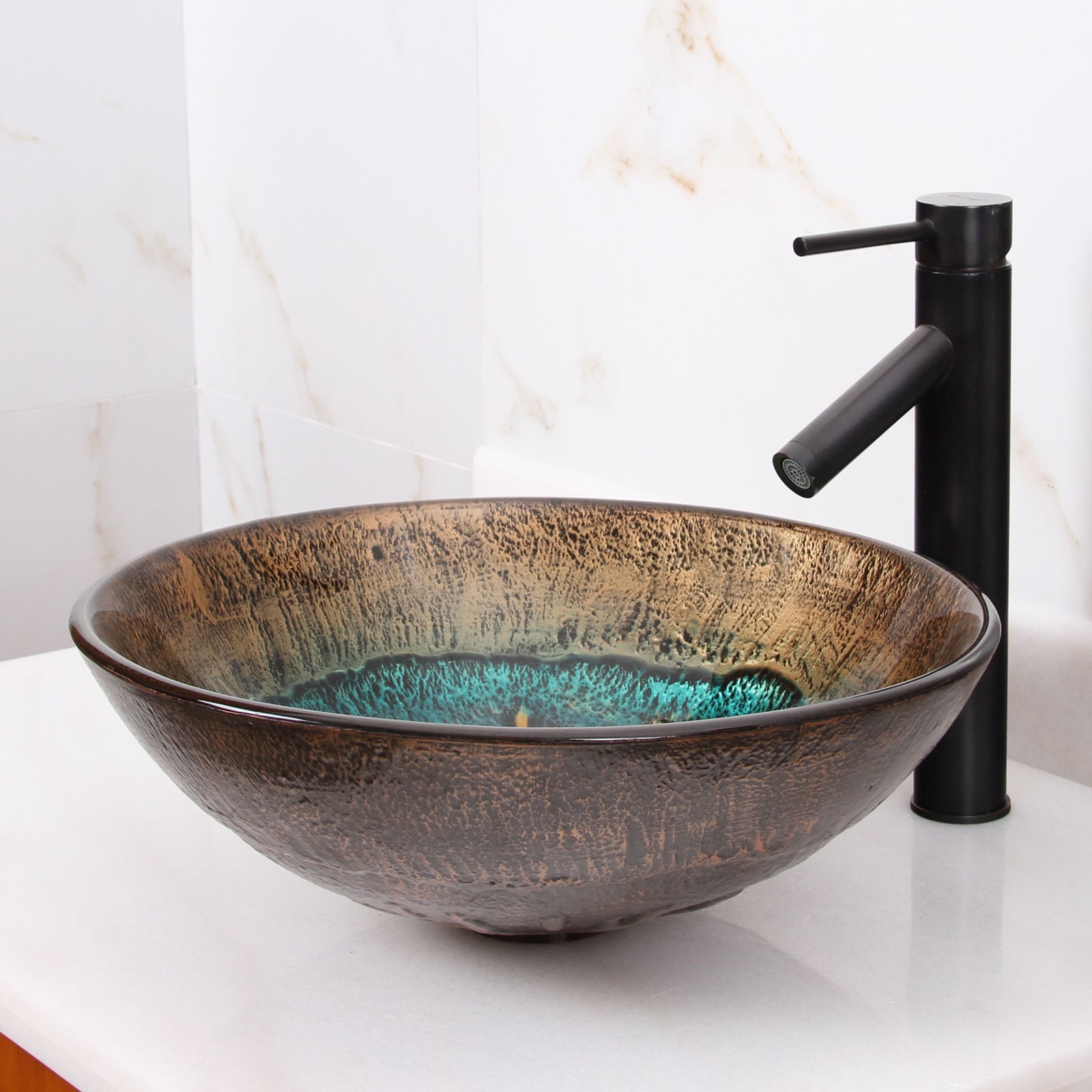 Bathroom Round Pattern Vessel Sink Tempered Ceramic Basin Bowl Faucet Combo 