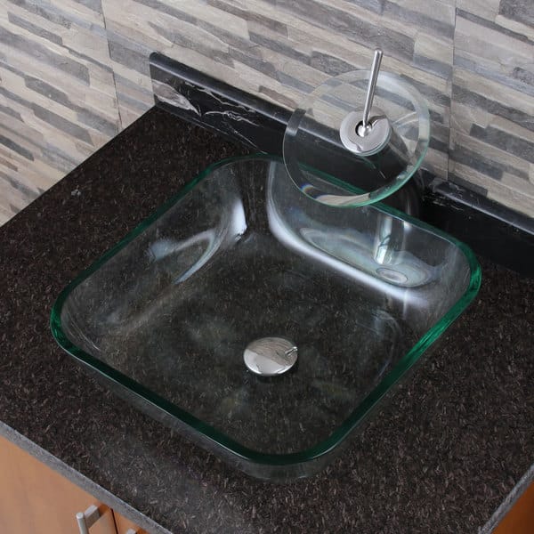 slide 2 of 17, Transparent Square Tempered Glass Bathroom Vessel Sink withWaterfall Faucet Combo