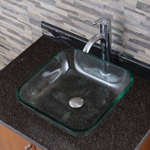 Transparent Square Tempered Glass Bathroom Vessel Sink with Faucet Combo