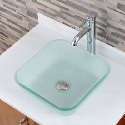 Frosted Square Tempered Glass Bathroom Vessel Sink with Faucet