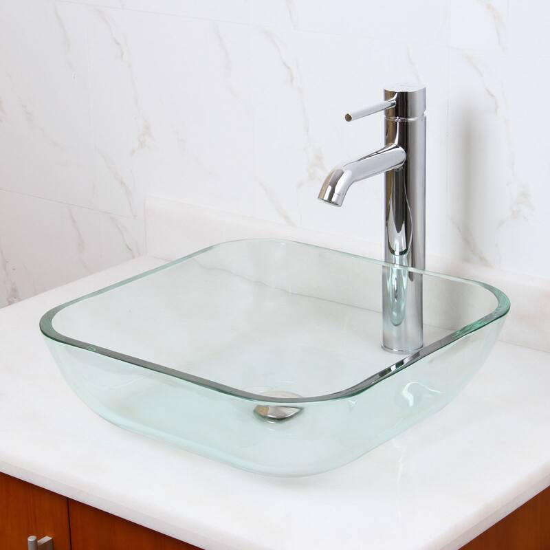 Transparent Square Tempered Glass Bathroom Vessel Sink