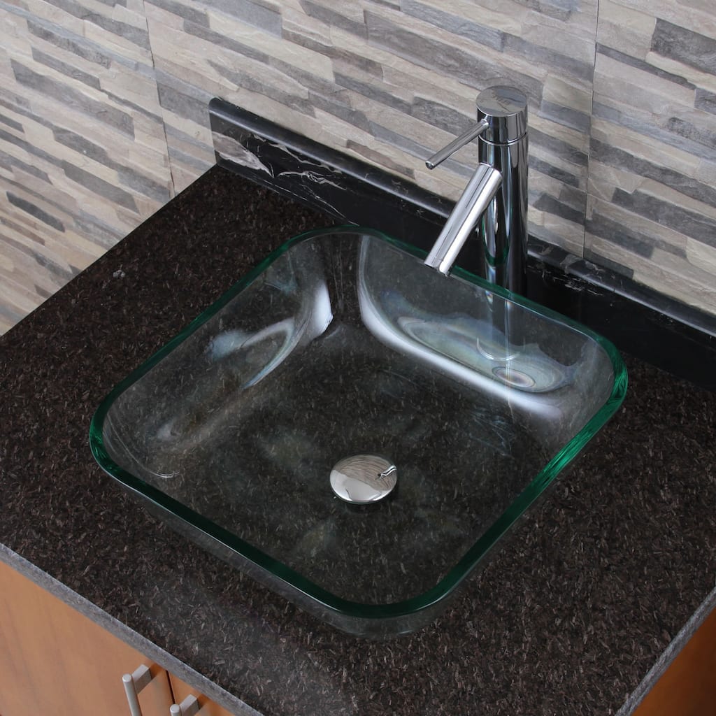 Square Tempered Glass Bathroom Vessel Sink with Faucet Combo