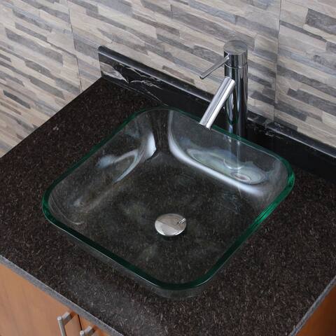 Square Tempered Glass Bathroom Vessel Sink with Faucet Combo