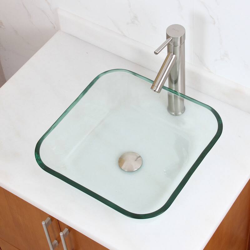 Square Tempered Glass Bathroom Vessel Sink with Faucet Combo