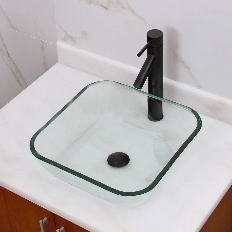 Square Tempered Glass Bathroom Vessel Sink with Faucet Combo