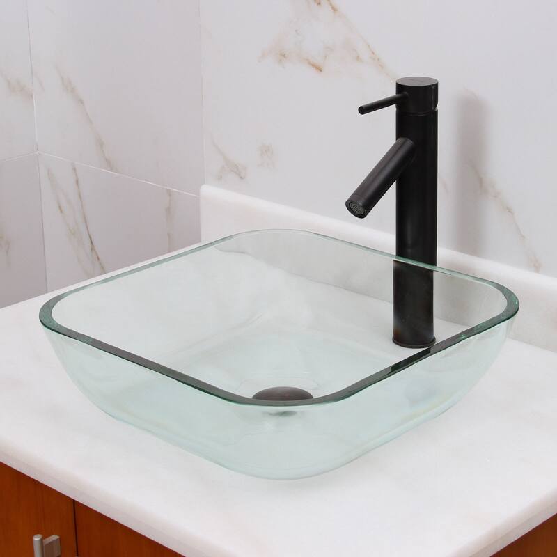 Square Tempered Glass Bathroom Vessel Sink with Faucet Combo