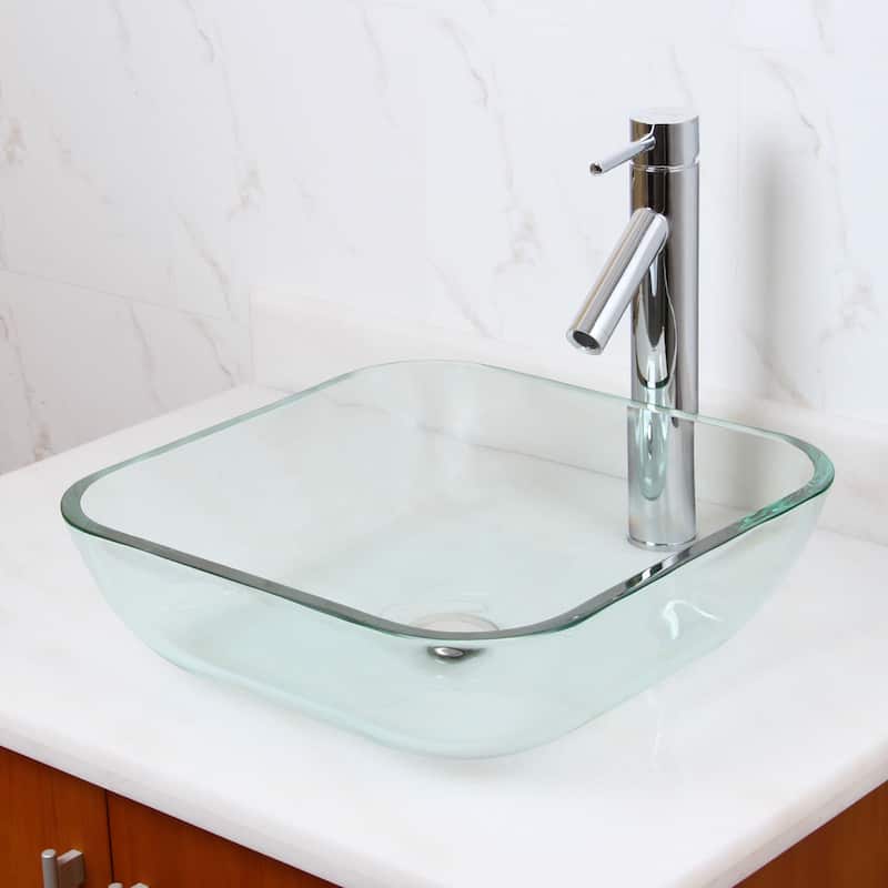 Square Tempered Glass Bathroom Vessel Sink with Faucet Combo