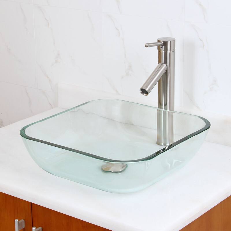 Square Tempered Glass Bathroom Vessel Sink with Faucet Combo