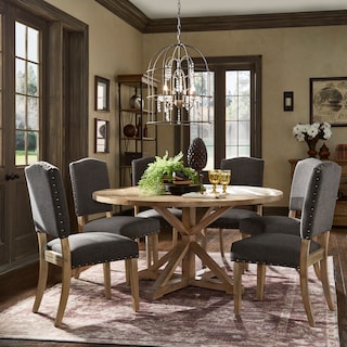 Benchwright Rustic X-base Round Pine Wood Nailhead 7-piece Dining Set by iNSPIRE Q Artisan