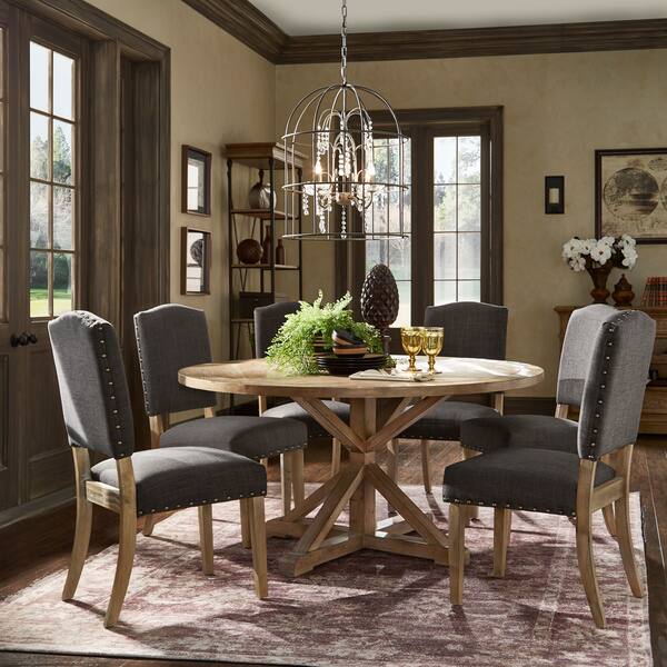 Benchwright Rustic X-base Round Pine Wood Nailhead 7-piece Dining Set ...