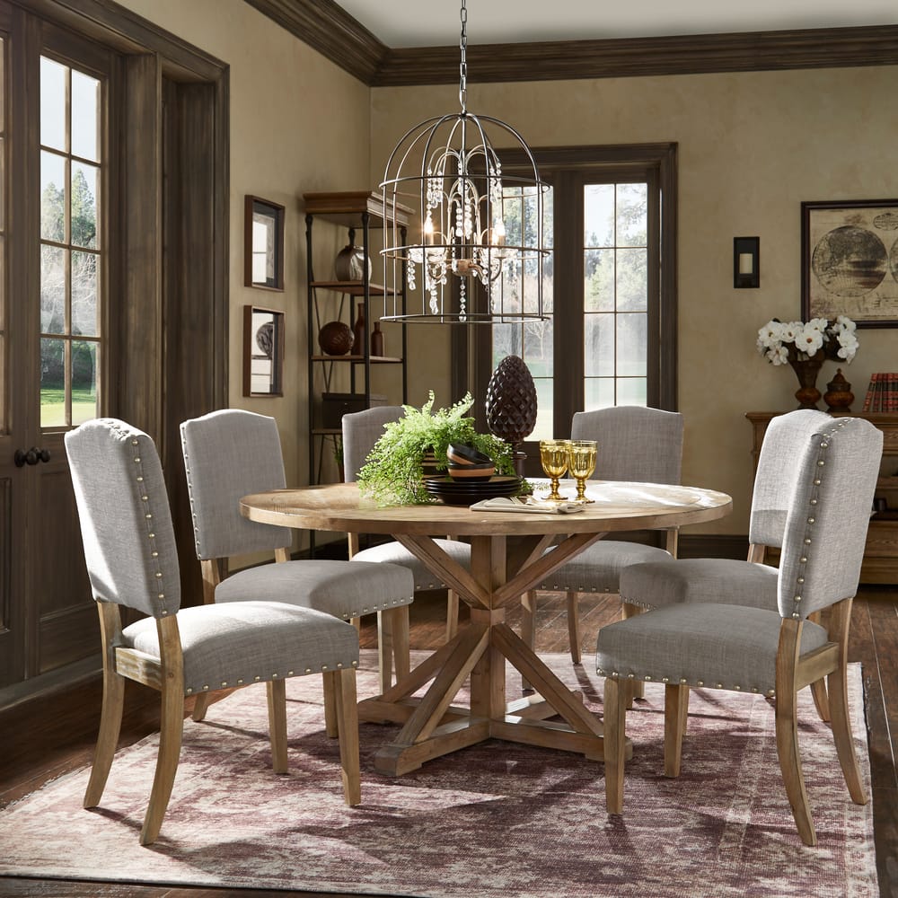 Benchwright Rustic X-base Round Pine Wood Nailhead 7-piece Dining Set by iNSPIRE Q Artisan