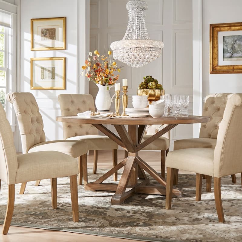 Benchwright Rustic X-base Round Pine Wood Rolled Back 7-piece Dining Set by iNSPIRE Q Artisan