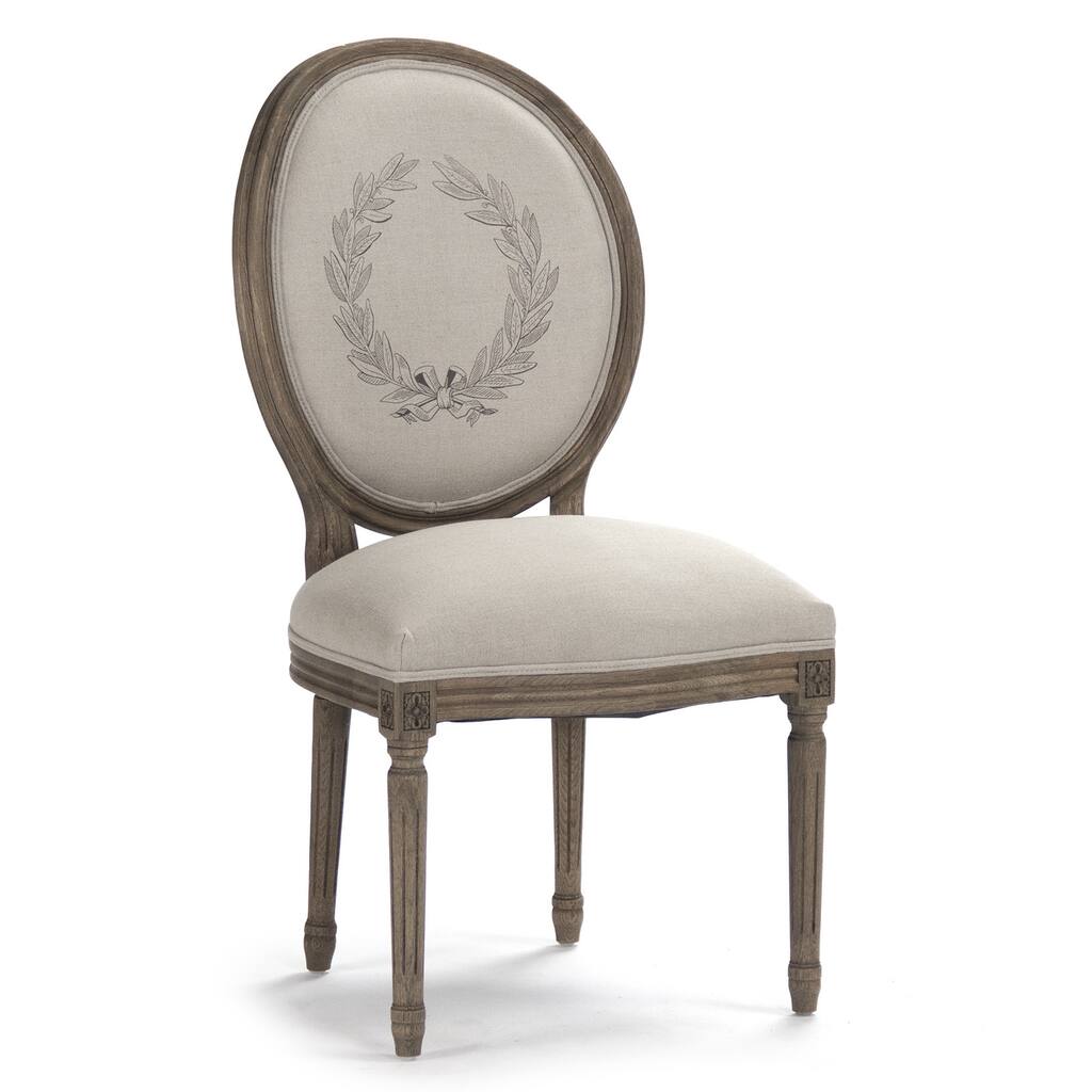 Natural Linen Round Back Medallion Dining Chair with Pattern and Recycled Oak
