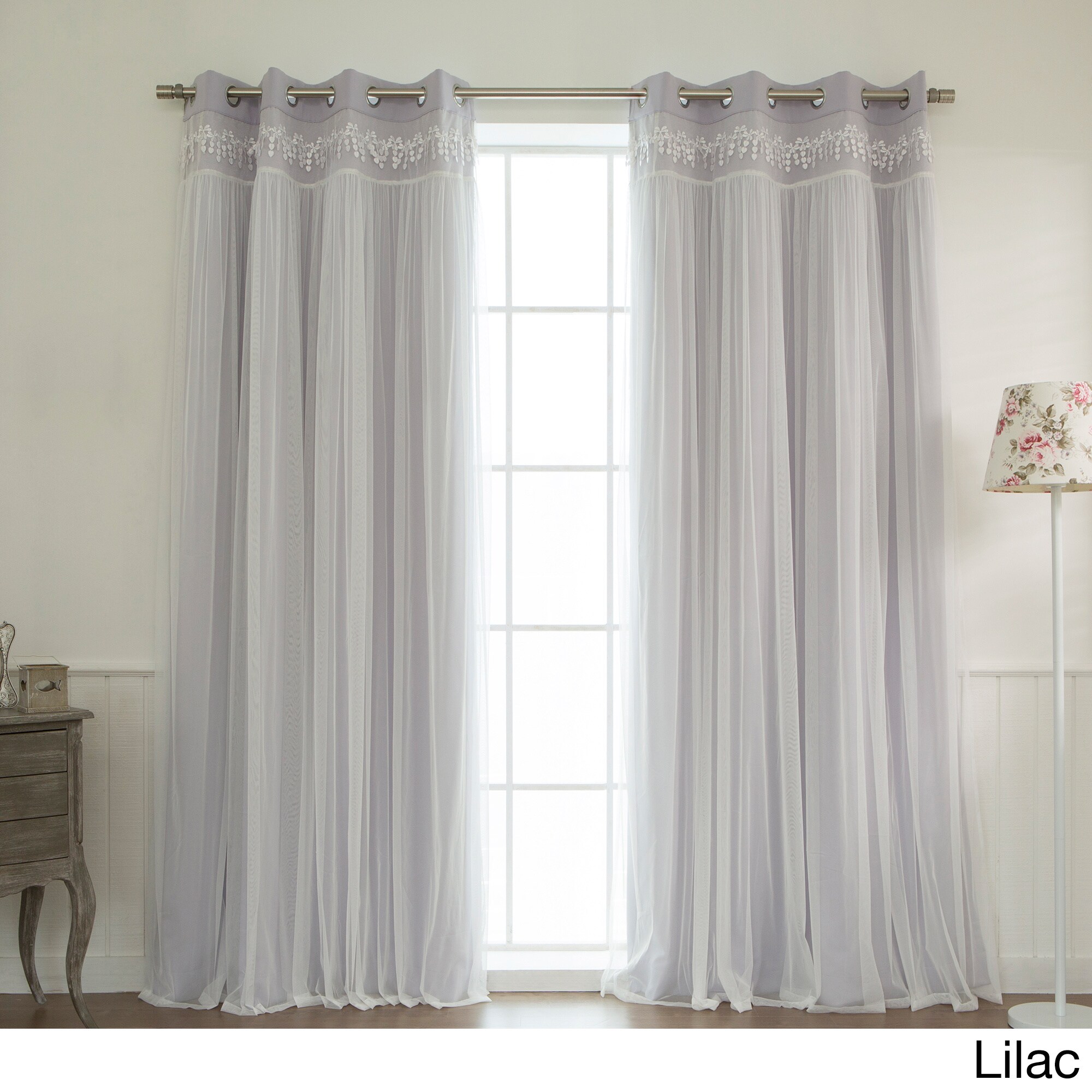 Aurora Home Lace Overlay Room Darkening Grommet Top Curtain Panel Pair  eBay