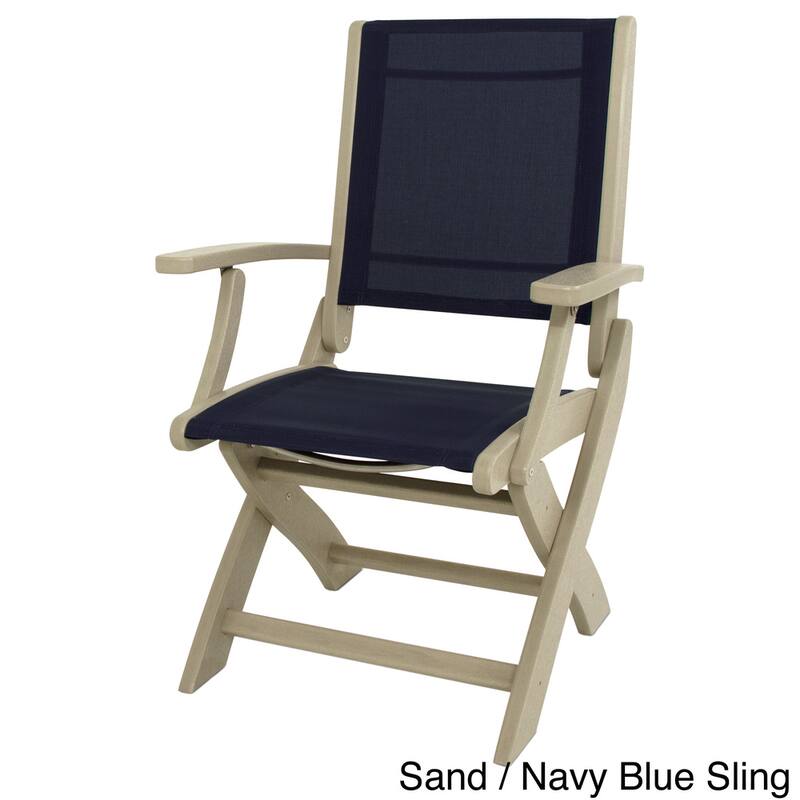 POLYWOOD Coastal Folding Chair - Sand / Navy Blue Sling