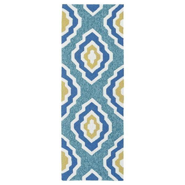Handmade Indoor/ Outdoor Getaway Blue Geo Rug (2' x 6') - 2' x 6'