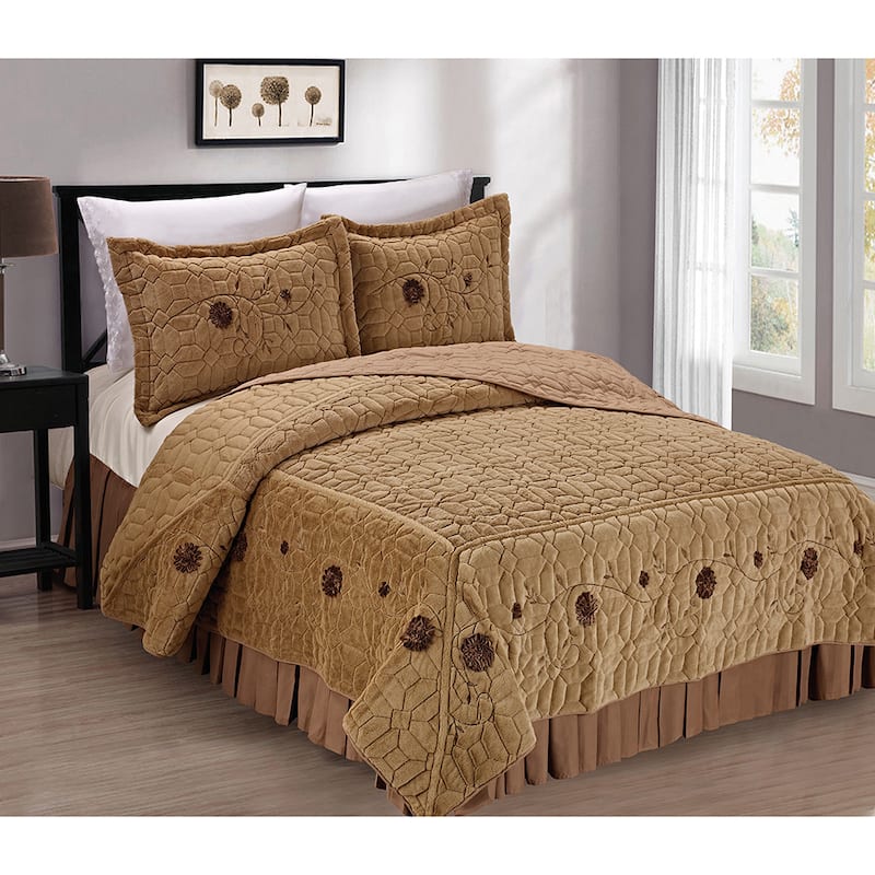 Serenta Fauxfur Ribbon Embroidered 3-piece Bedspread Set - Light Camel - Queen