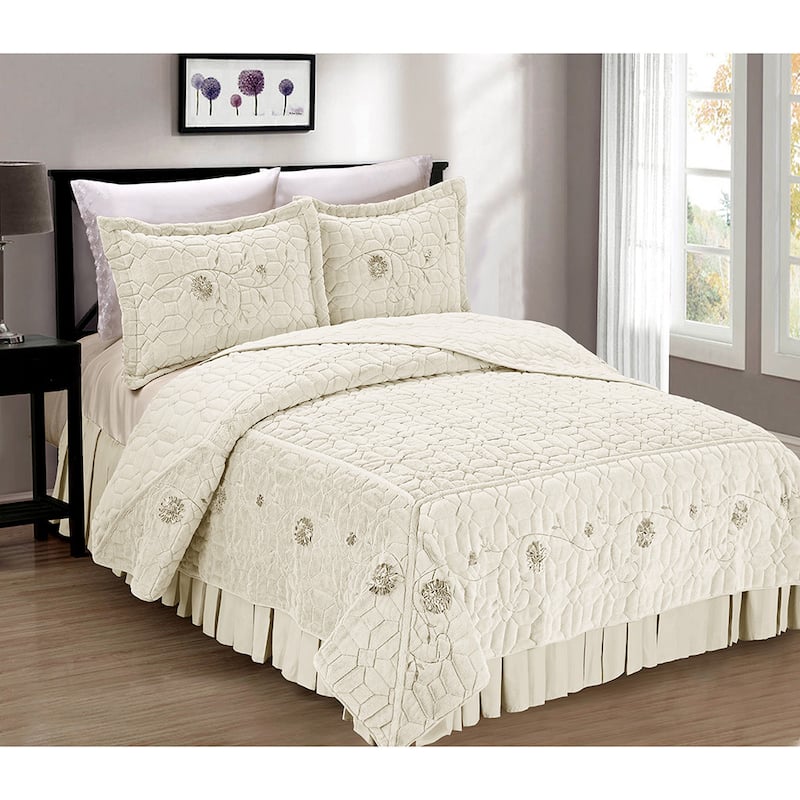 Serenta Fauxfur Ribbon Embroidered 3-piece Bedspread Set - Ivory - King