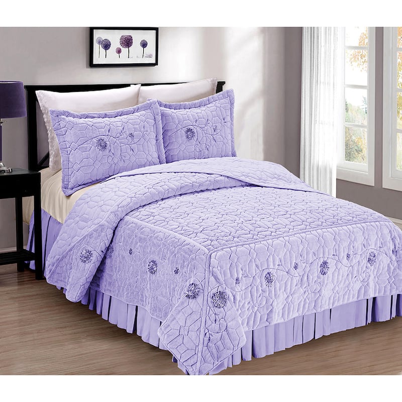 Serenta Fauxfur Ribbon Embroidered 3-piece Bedspread Set - Lilac - King