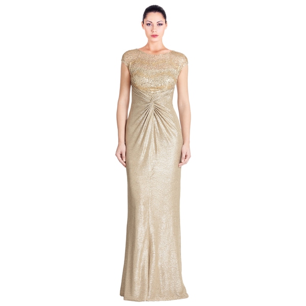 Shop David Meister Gold Lame Sequin Mesh Cap Sleeve Long Evening Dress ...