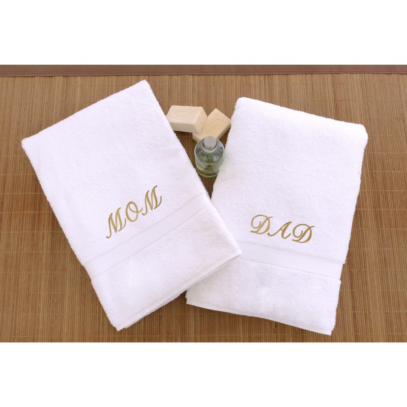 Authentic Hotel and Spa 2-piece 'Mom and Dad' Monogrammed Turkish Cotton Hand Towels - White/Gold