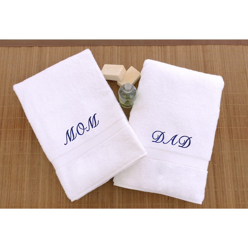 Authentic Hotel and Spa 2-piece 'Mom and Dad' Monogrammed Turkish Cotton Hand Towels - White/Navy