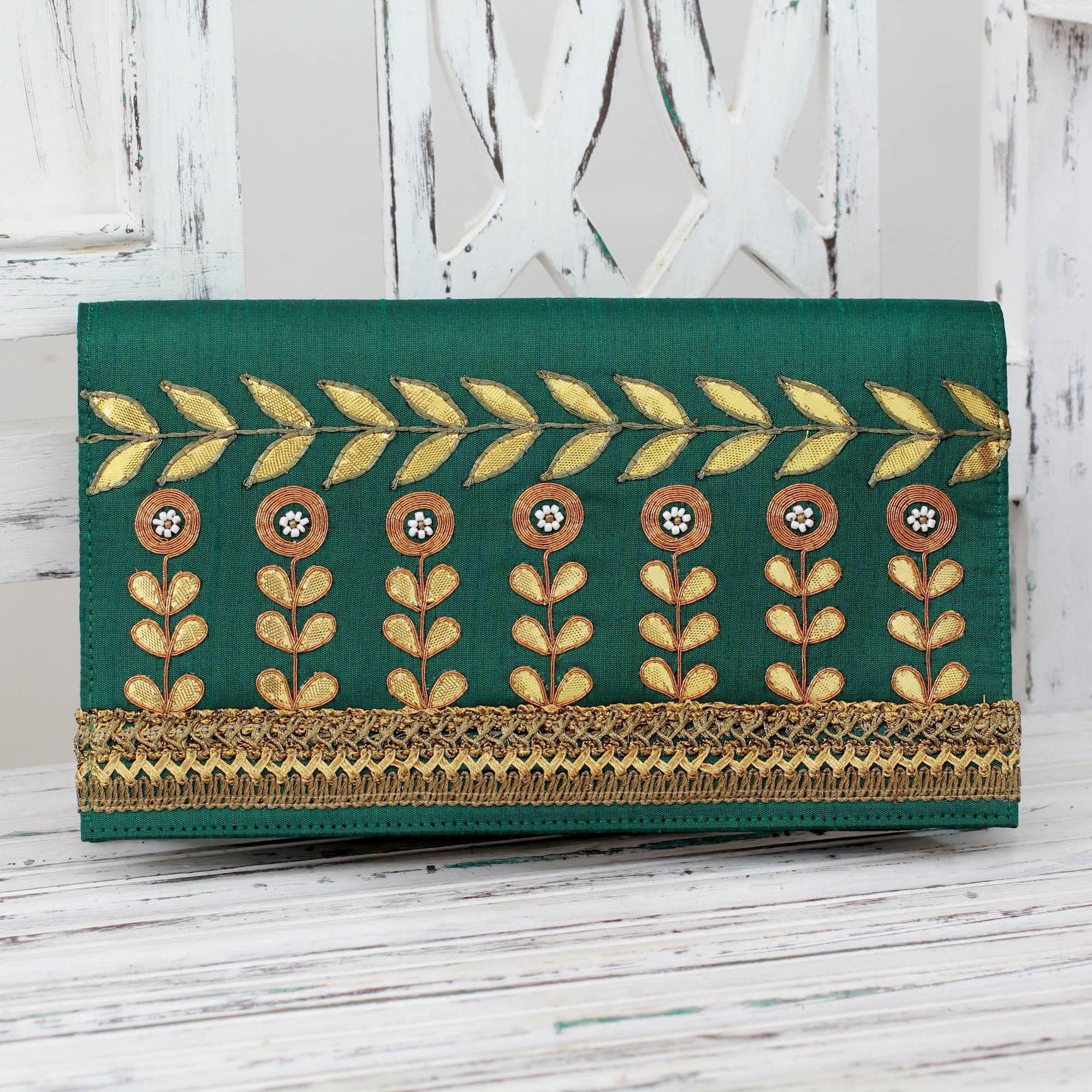 Shop Handmade Embroidered 'Golden Bouquet' Clutch (India) Free