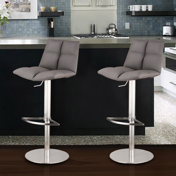 Armen Living Roma Adjustable Brushed Stainless Steel Grey Barstool