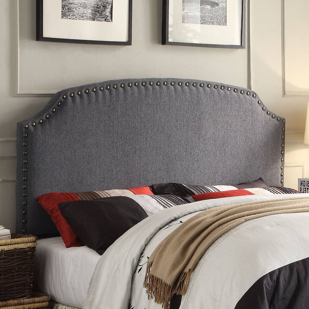 Emira Transitional Grey Adjustable Flax Upholstered Nailhead Headboard by Furniture of America