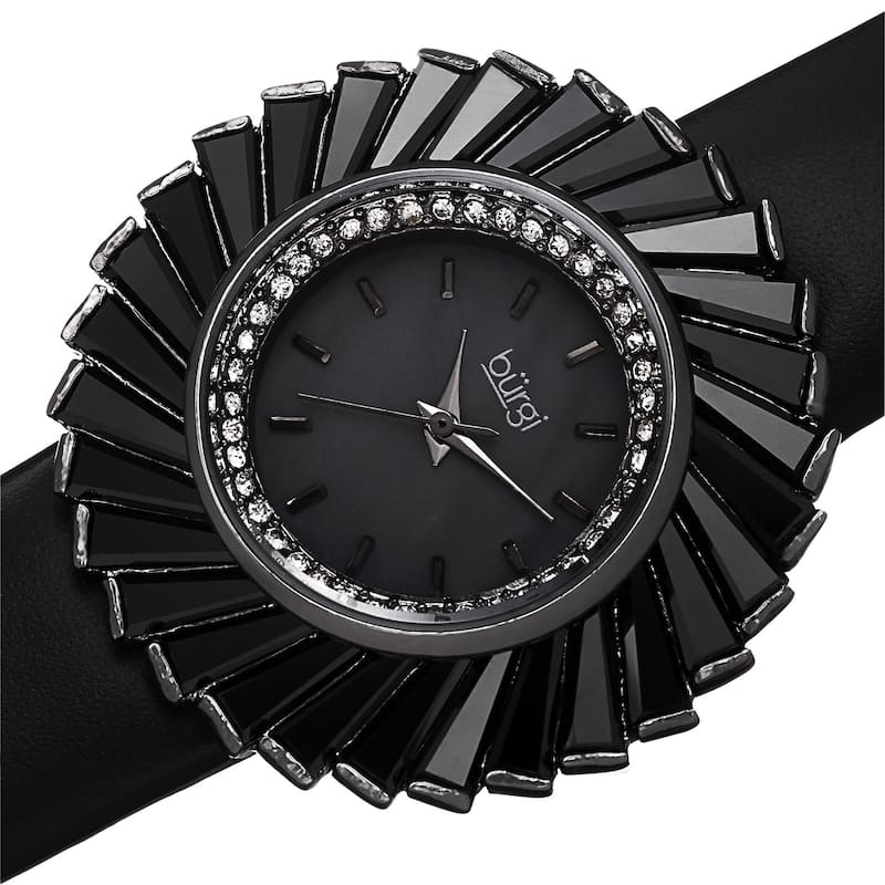 Burgi Women's Dazzling Swiss Quartz Mother of Pearl Dial Leather Black Strap Watch