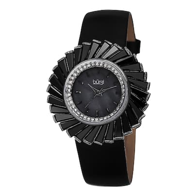 Burgi Women's Dazzling Swiss Quartz Mother of Pearl Dial Leather Black Strap Watch